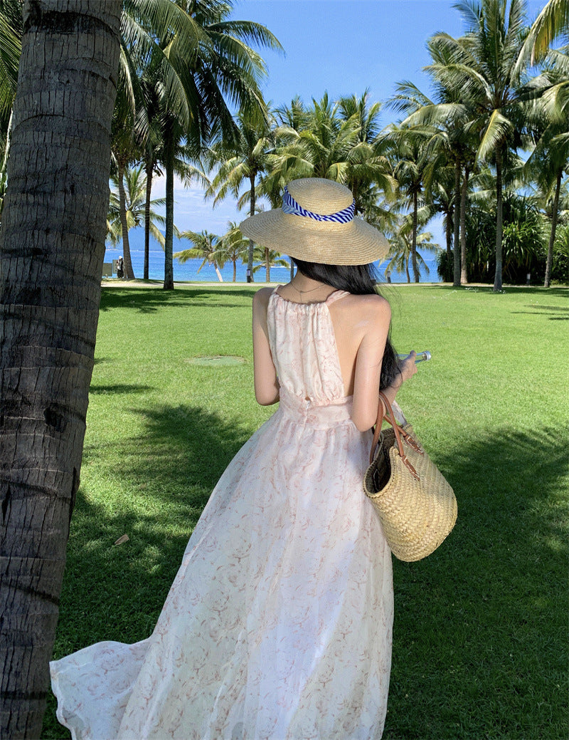 Französisches Neckholder-Schnürkleid, elegant, ärmellos, schulterfrei, Blumenmuster, romantisches Urlaubskleid für den Strand