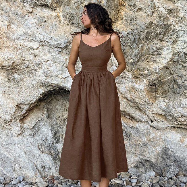 Französisches Baumwoll- und Leinen-Atmungsaktives Trägerkleid mit hoher Taille, langer Rock im Urlaubsstil für Frauen