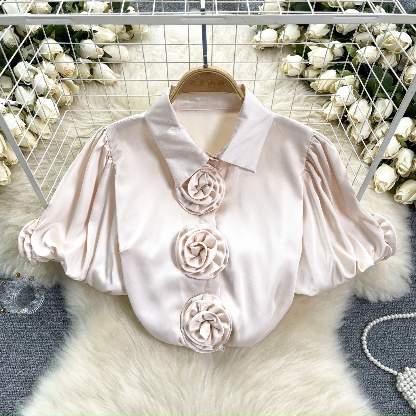Three-dimensional Flower Puff Sleeve 1 French Satin Top