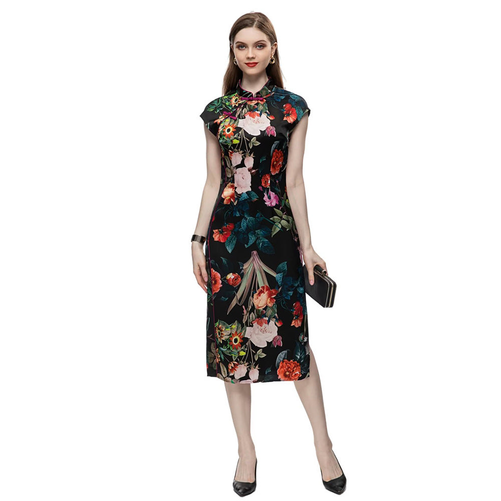 Split Vintage Buckle Piping Floral Print Acetate Dress