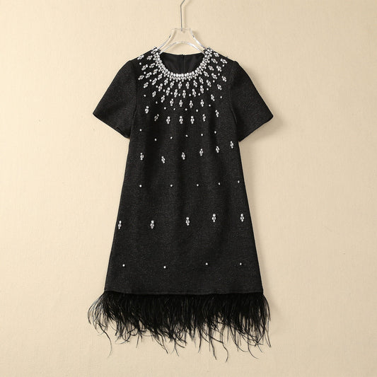 Handmade Nail Rhinestone Feather Loose Waist Dress