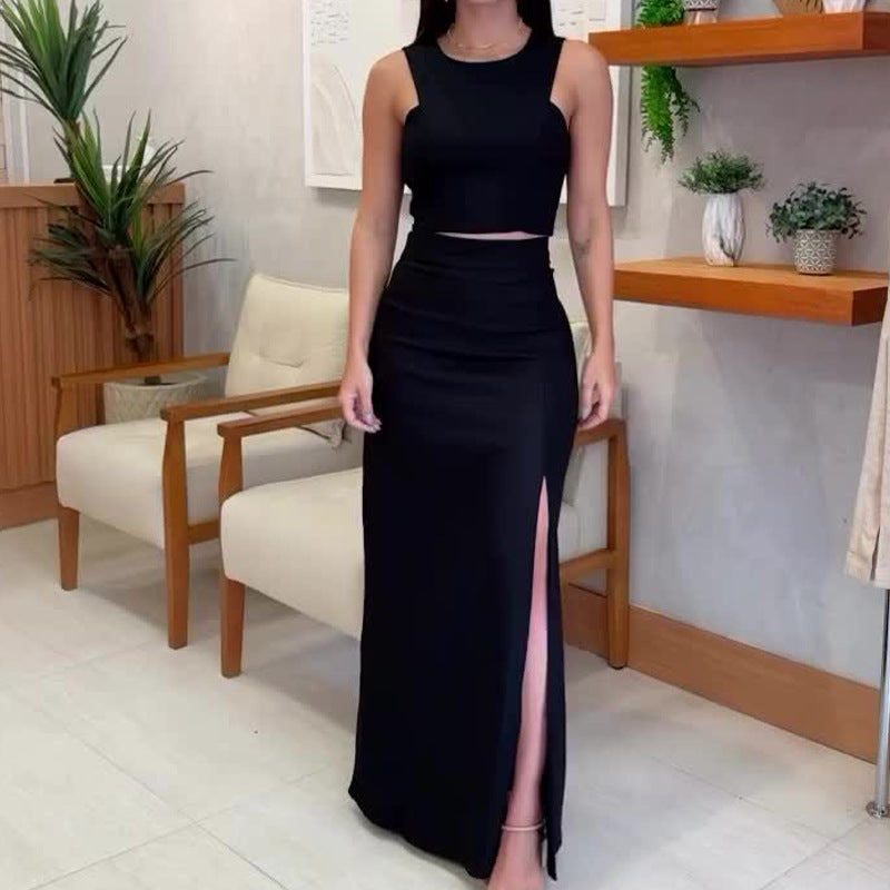 Solid Color Round Neck Sleeveless Top High Waist Slit Skirt Suit