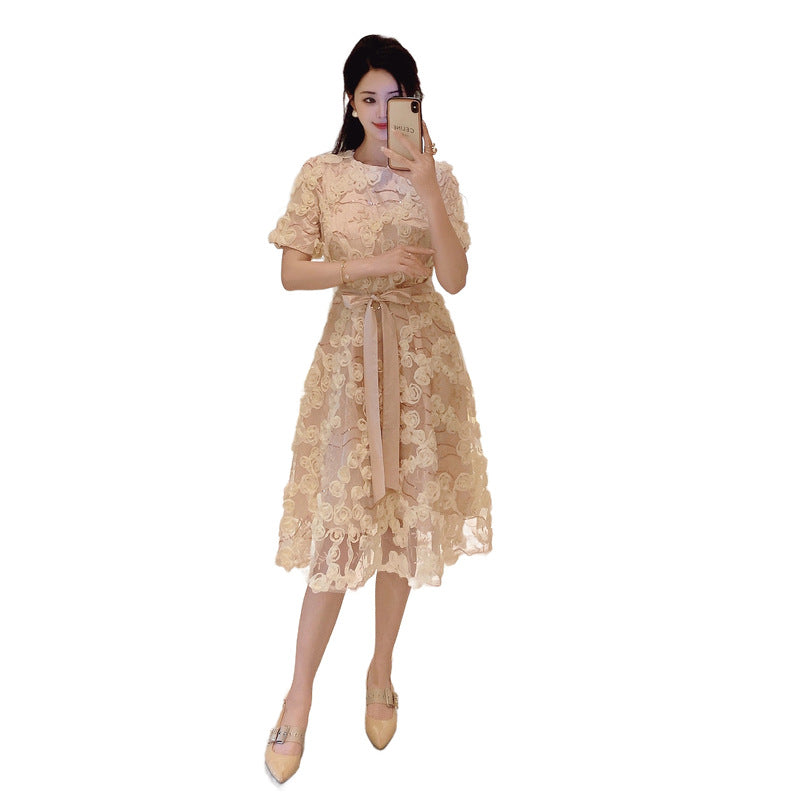 French Style Temperament Apricot Flowers Dress