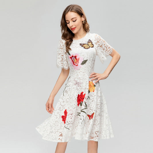 Exquisite Embroidered Flowers Butterfly Short Sleeve Dress