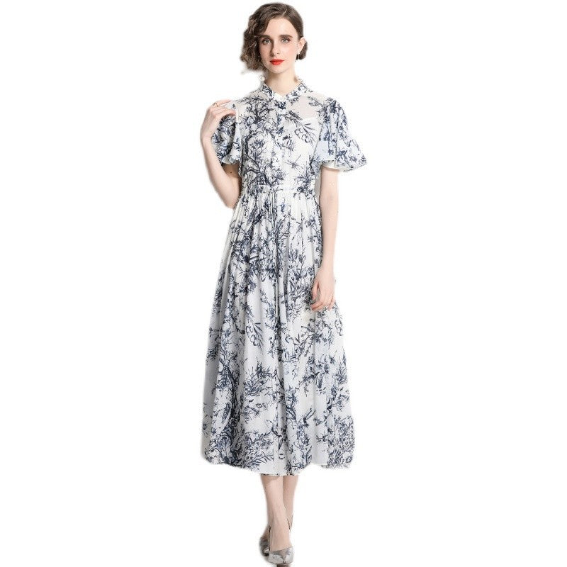 Drawstring Cotton Printed Pattern Two-piece Sling Long Dress