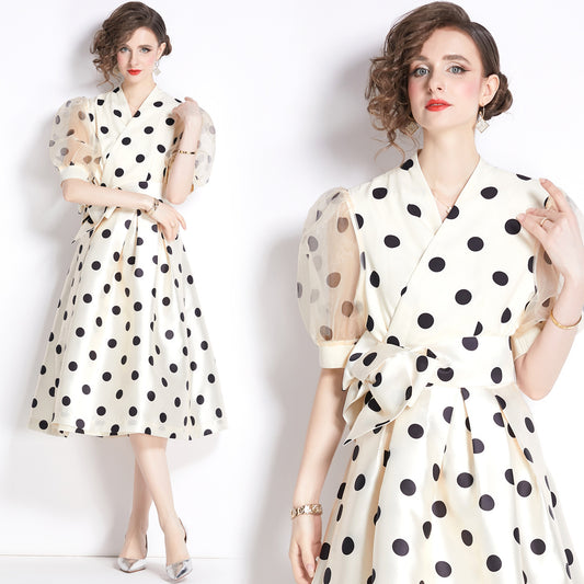 Französisches tailliertes Polka Dots-Kleid 1-Sinn Langer Rock