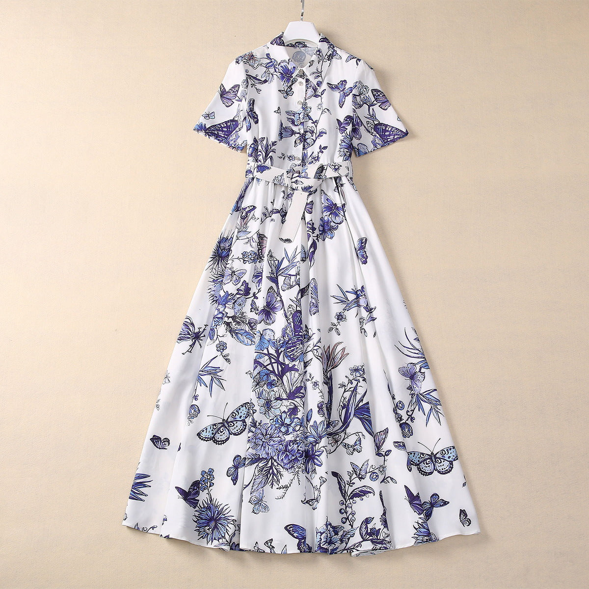 Kleid mit vierseitigem elastischem Blumen- und Schmetterlings-Print