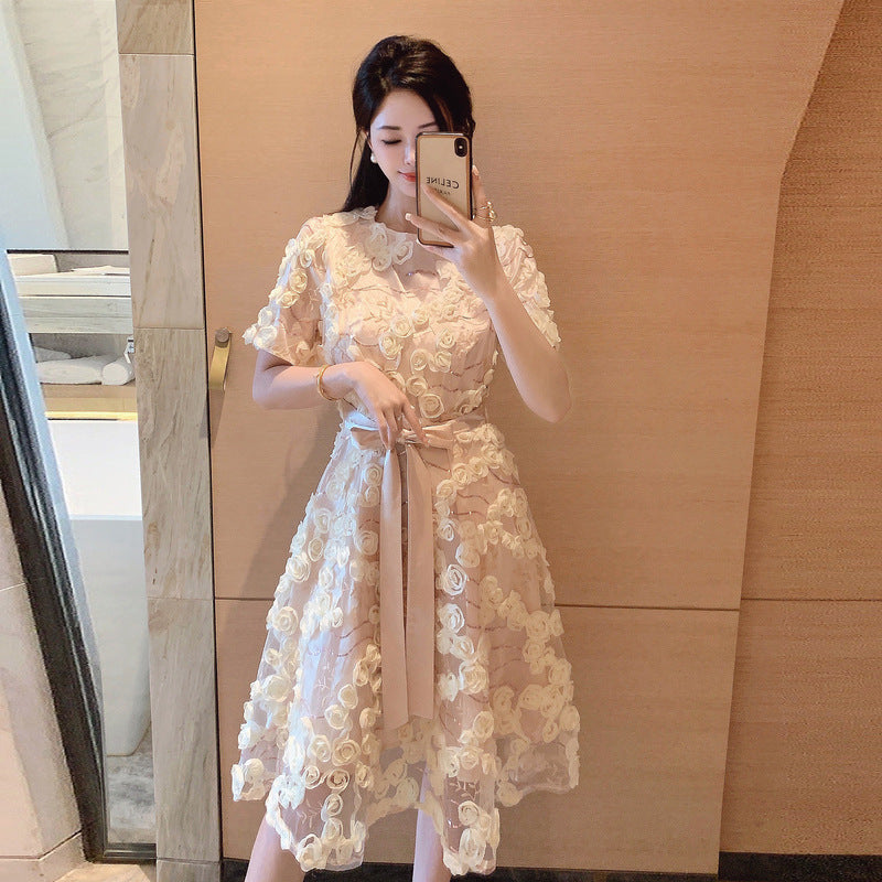 French Style Temperament Apricot Flowers Dress