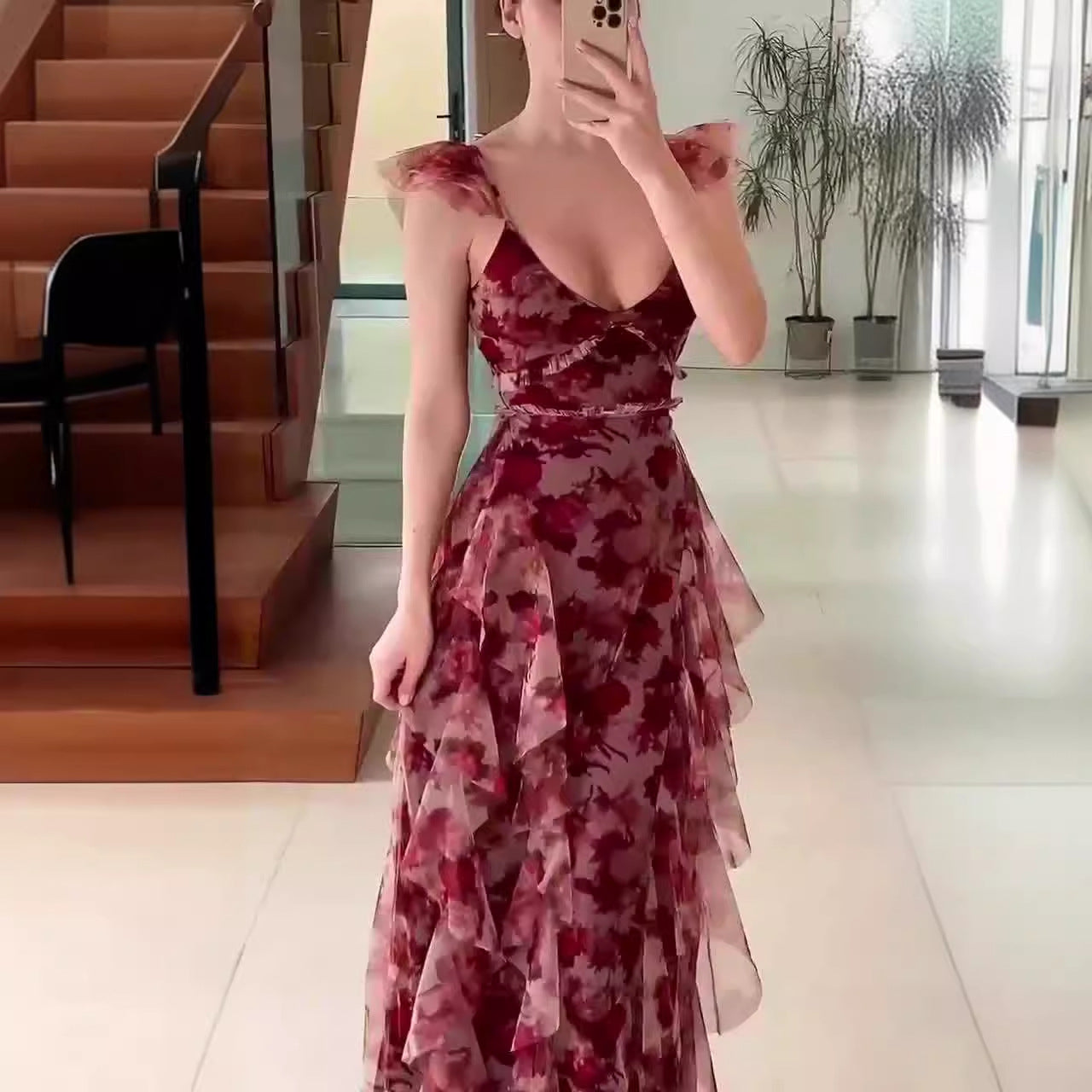 Vestido largo con volantes y cintura alta con cuello en U y estampado floral de moda europea americana