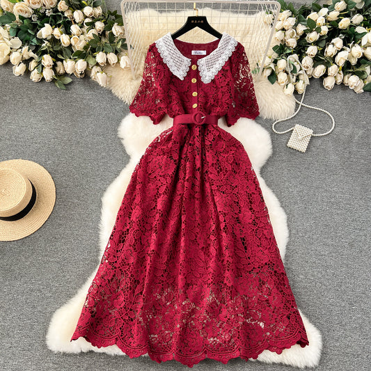 Sweet Contrast Color Doll Collar Breasted Slim-fit Mid-length Lace Dress