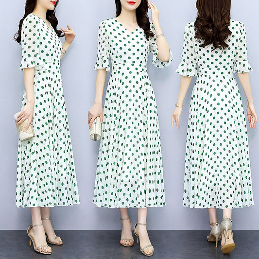 Half Sleeve Polka Dot Expansion Skirt For Vacation Over The Knee Dress