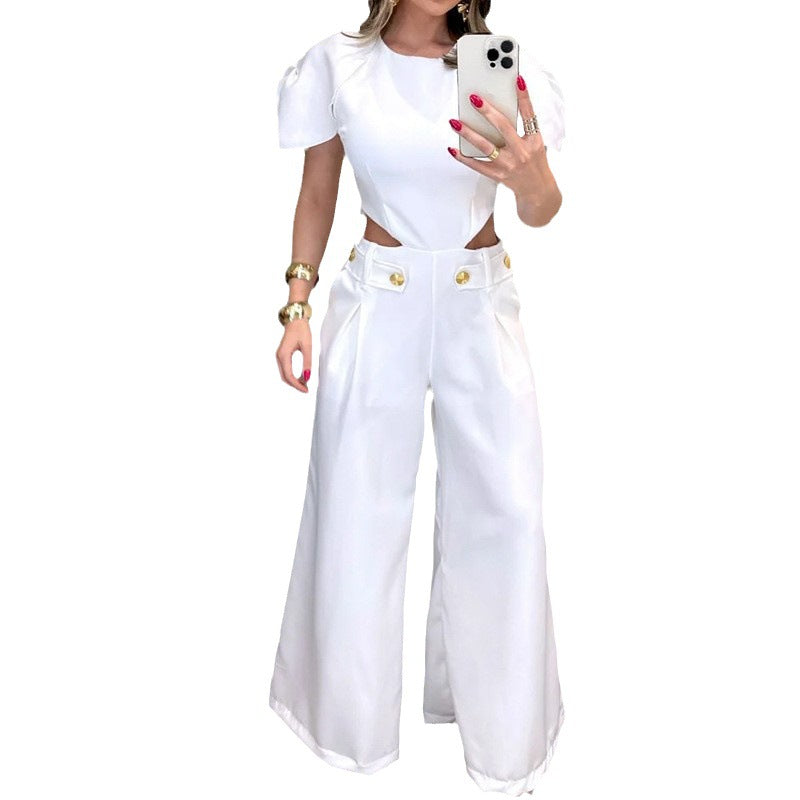 Sommermode Löcher Knopf Reißverschluss Taille Hohl Jumpsuit