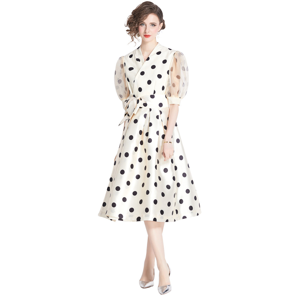 Französisches tailliertes Polka Dots-Kleid 1-Sinn Langer Rock