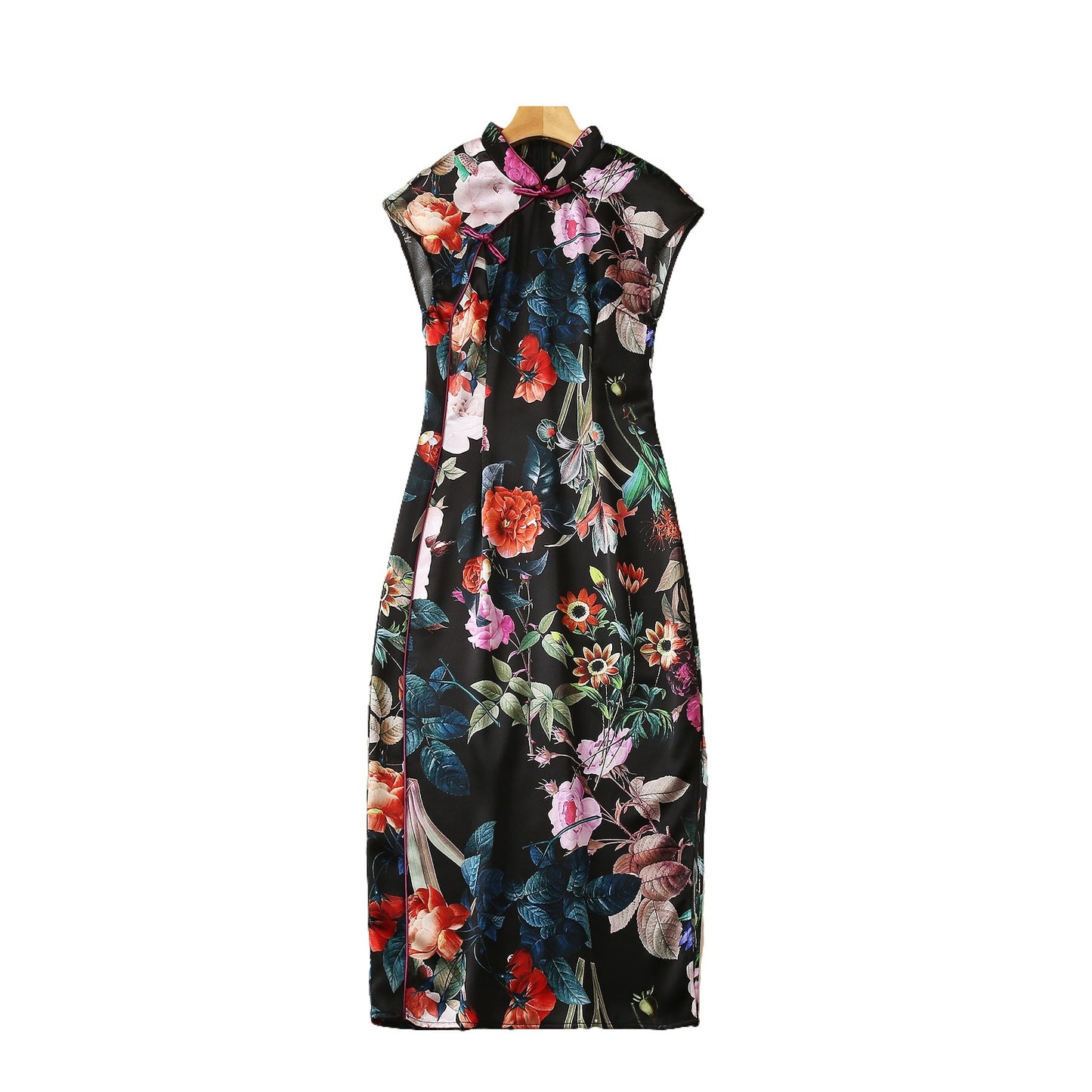 Split Vintage Buckle Piping Floral Print Acetate Dress