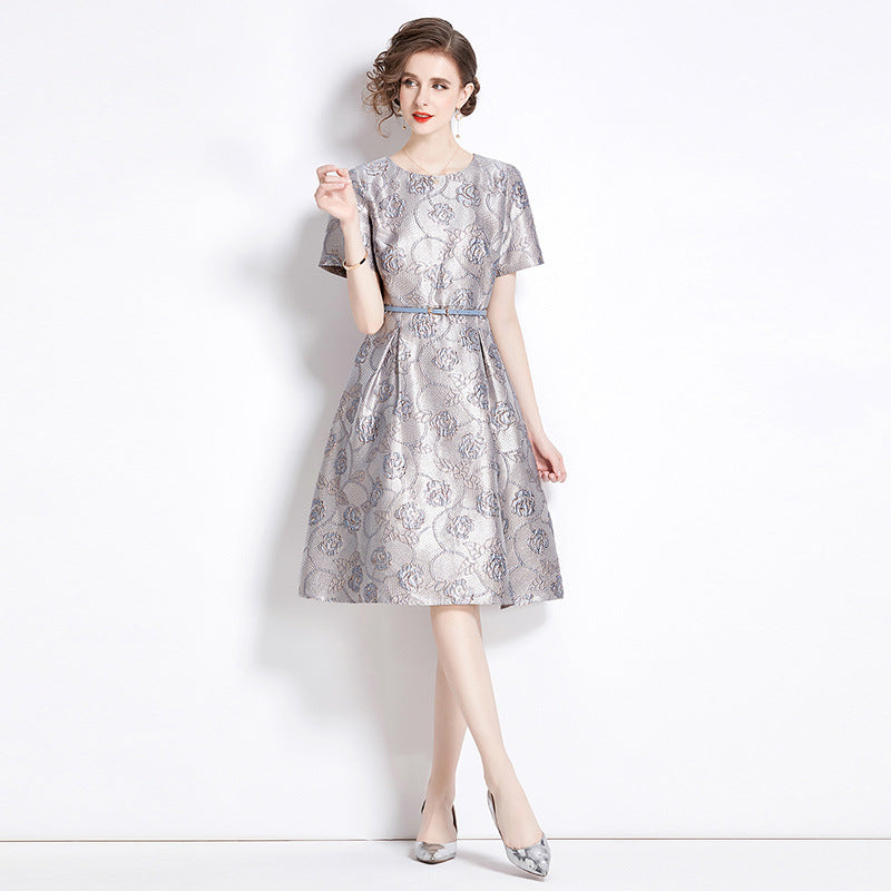 Elegant Slim Waist Floral Jacquard Dress Women