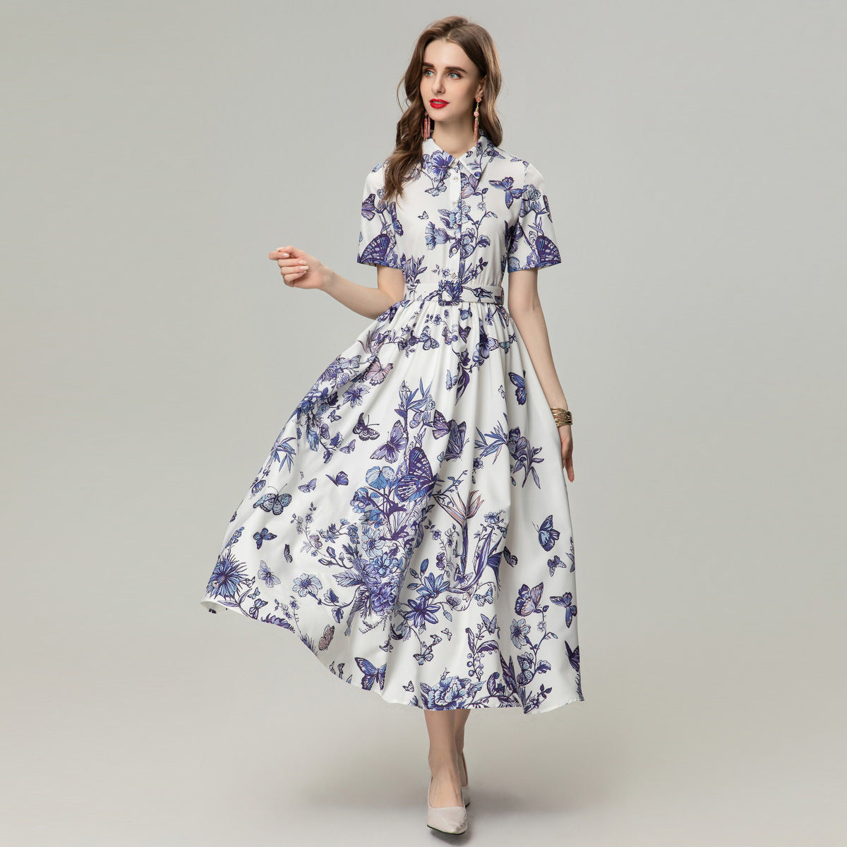 Kleid mit vierseitigem elastischem Blumen- und Schmetterlings-Print