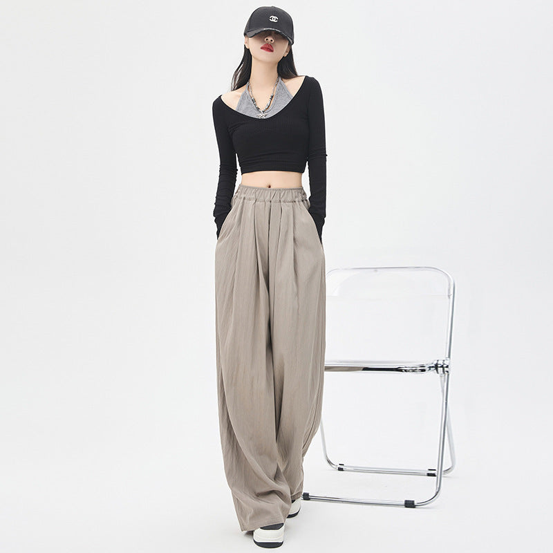 Texture Washed Cotton Wide-leg Pants Draping Effect Casual Straight-leg