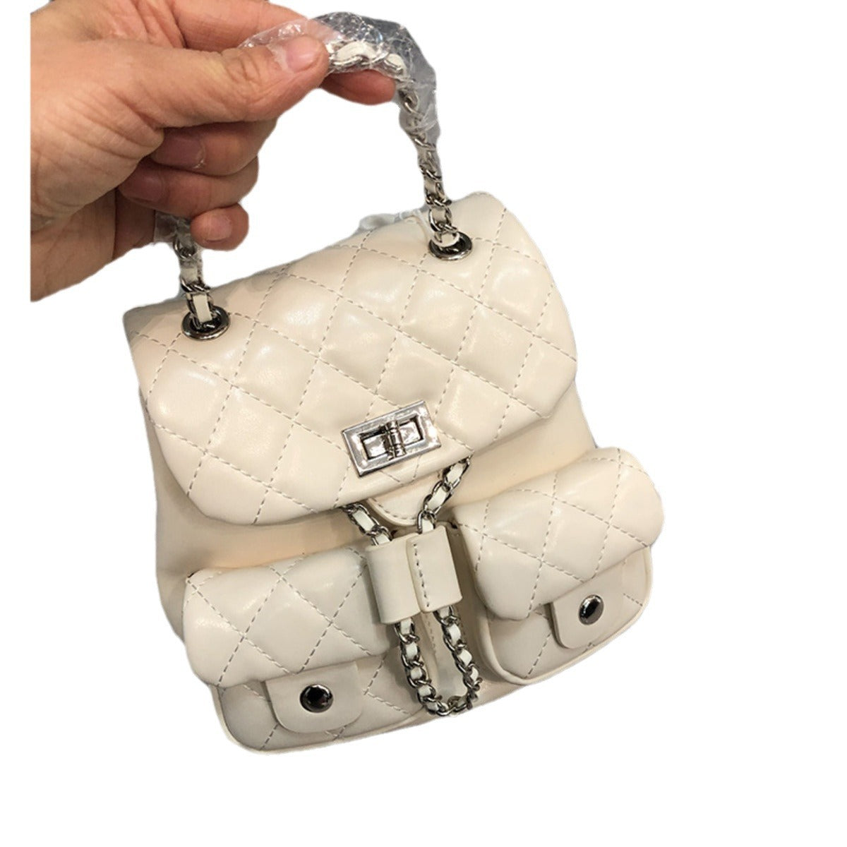 Mochila con diseño de cerradura multibolsillos de alta calidad con cadena de diamantes