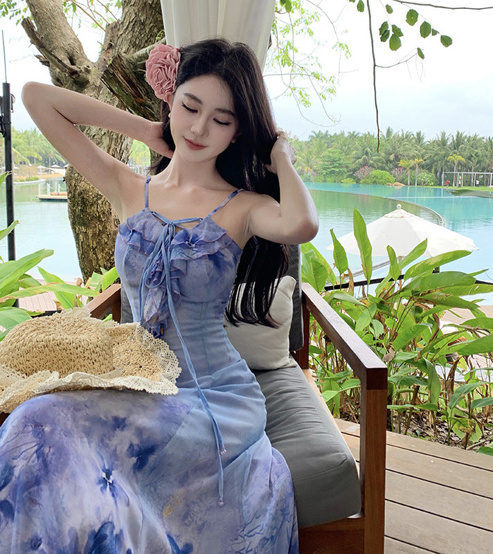 Vacation Style Beach Chiffon Printed Suspender Skirt Oil Painting Super Fairy