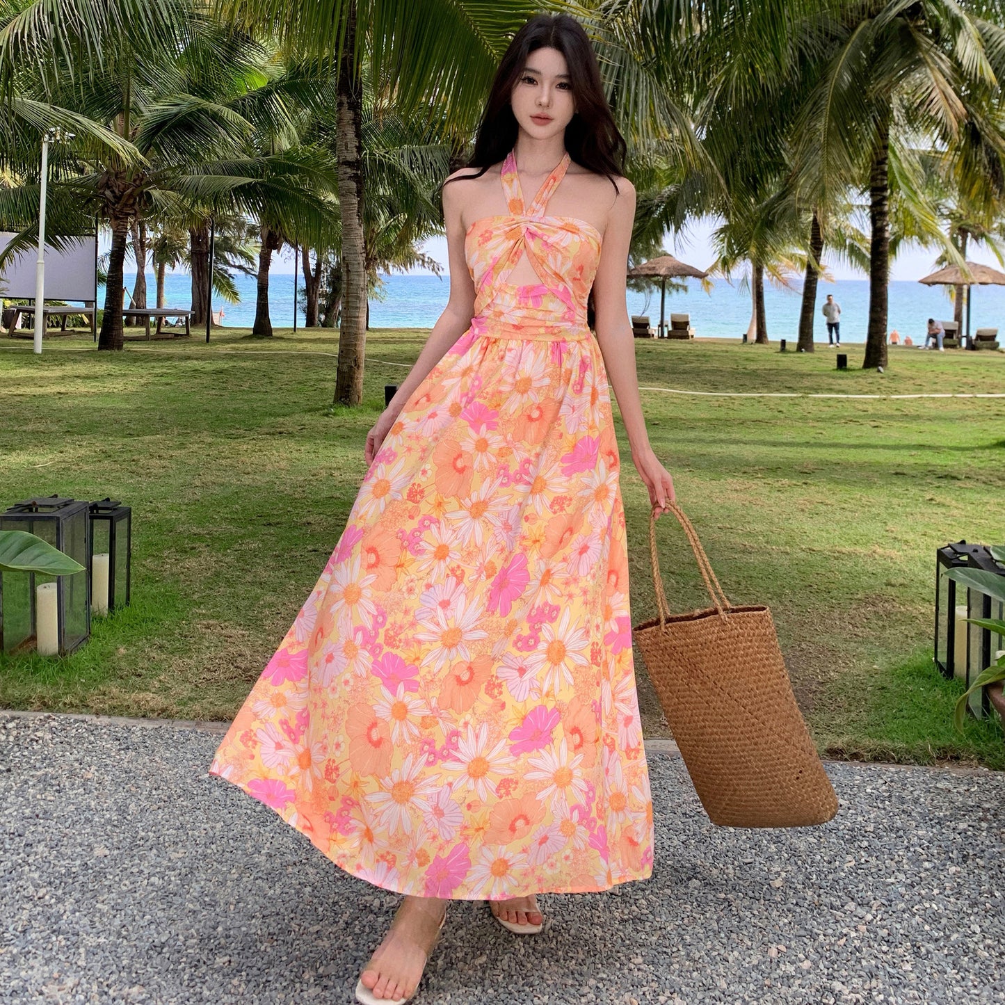 Vestido de playa de vacaciones junto al mar Top de tubo sin espalda floral de gasa