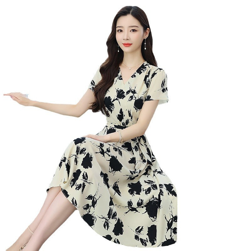 Summer Retro Temperament Mid-length Cinched Slimming Short Sleeves Printed, Female Dress