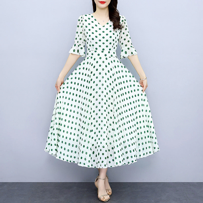 Half Sleeve Polka Dot Expansion Skirt For Vacation Over The Knee Dress