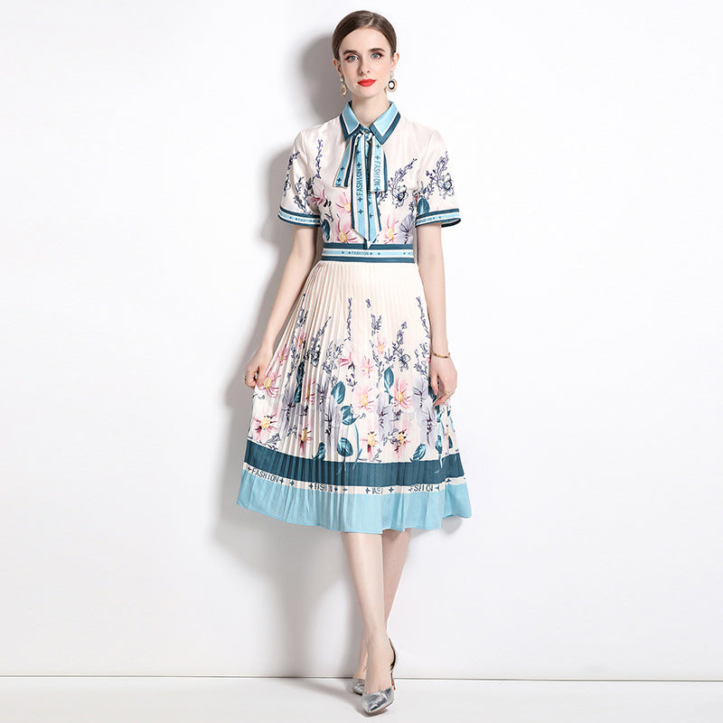 Fashion Elegant Short Sleeve Waist Pleated Printing Dress With Belt