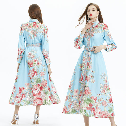 Vacation Style Blouse Collar Floral Print Waist Single Breasted Ruffled Long Dress