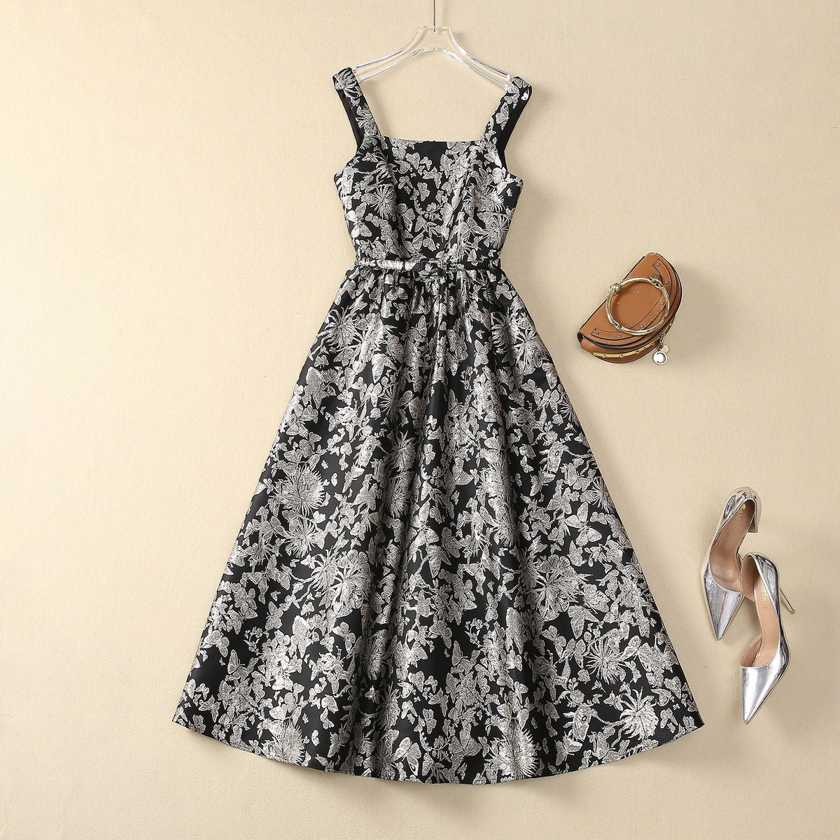Floral Butterfly Square Collar Backless Sling Dress