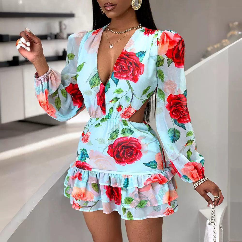 Fashion V-neck Fashion Women Hollow Out Printed Dress