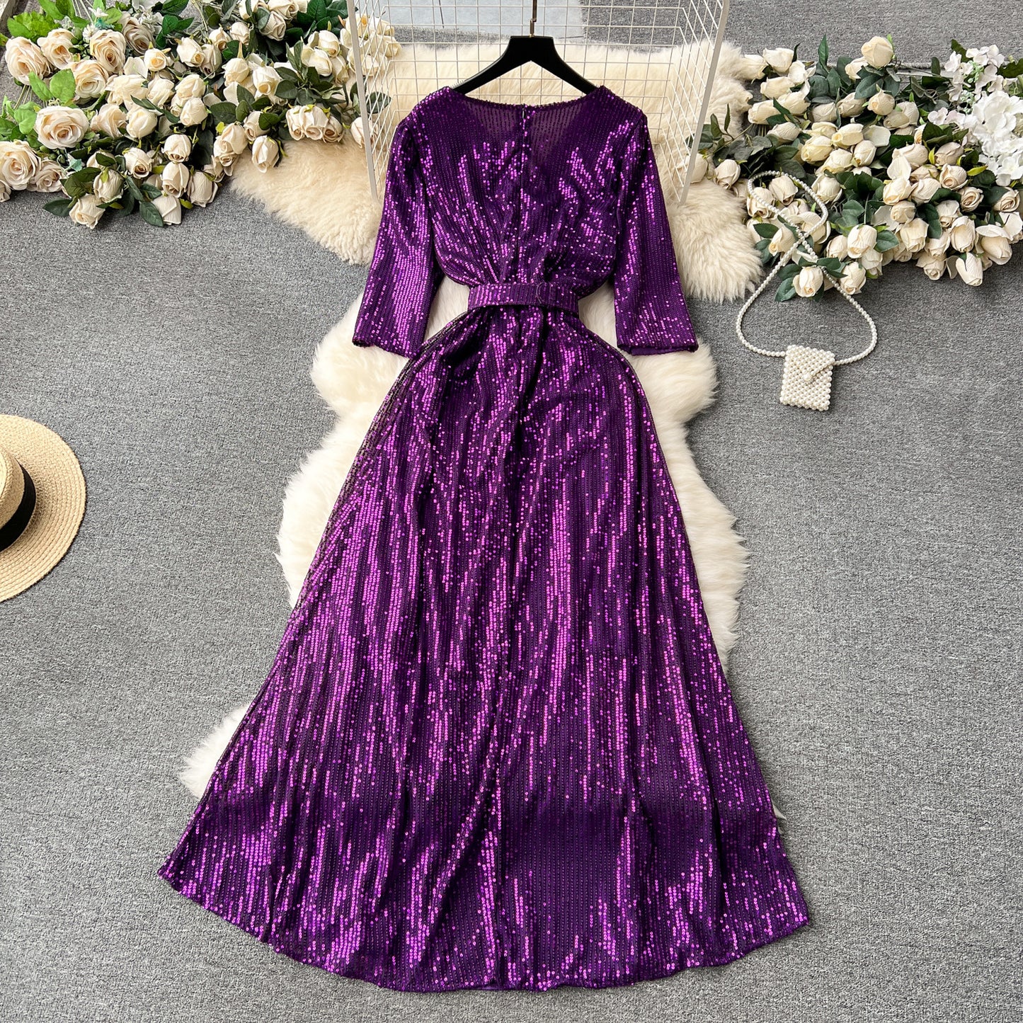 Elegant V-neck Slim-fit Long Sequined Dress