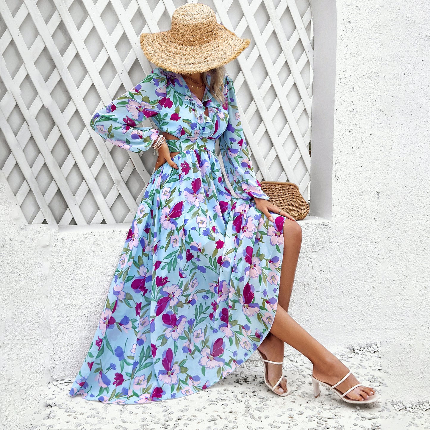 Ropa de mujer Vestido festivo con cuello en V y estampado floral