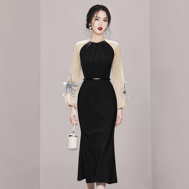 Elegant Contrast Color Lantern Sleeve Slim Fit Waist-controlled Slimming Black Dress