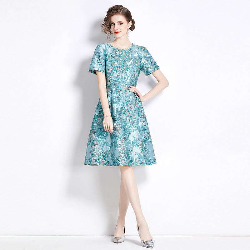 Elegant Slim Waist Color Jacquard Dress