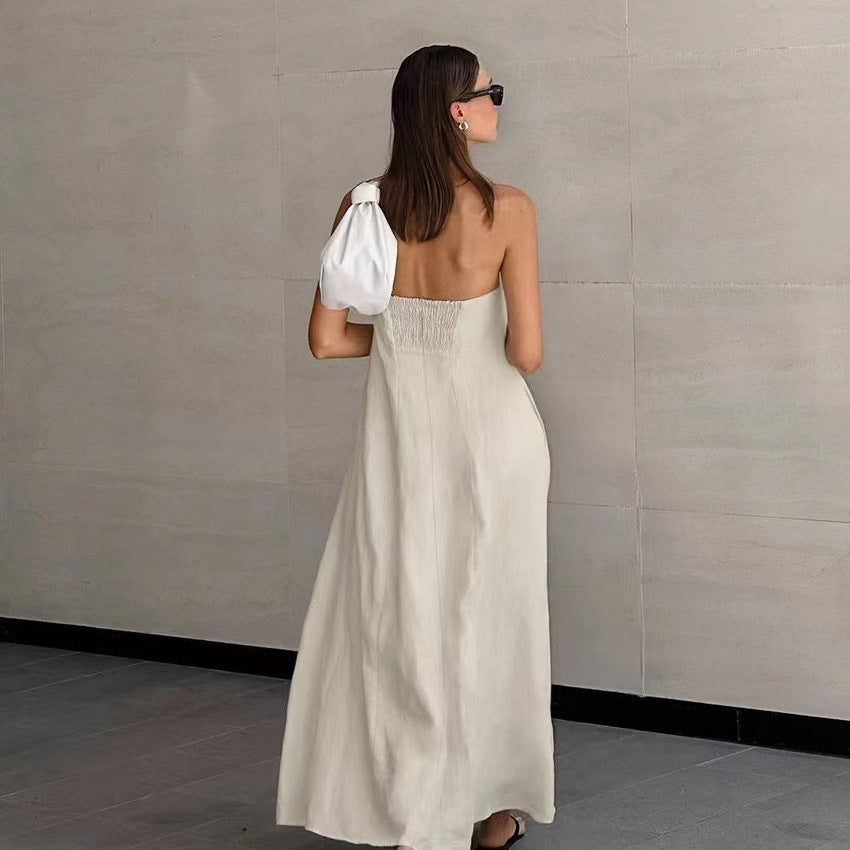 Vestido sin espalda de cintura alta con top de tubo de algodón y lino de color liso