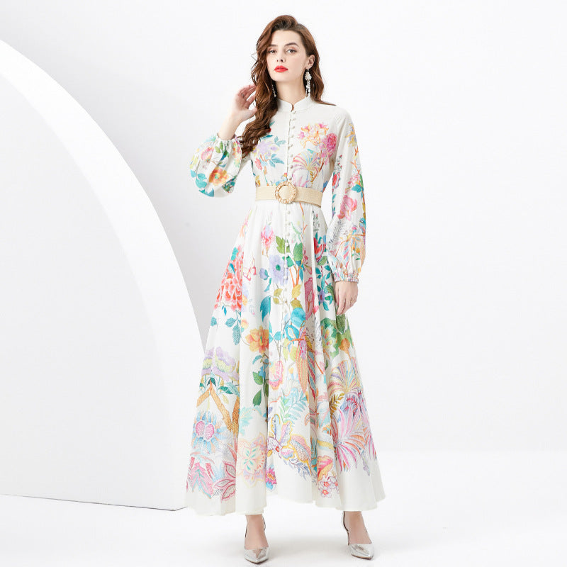 Vacation Style Retro Stand Collar Single-breasted Printed Wide Swing Long Dress