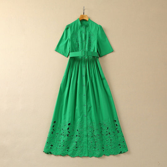 Hollow Embroidered Small Stand Collar Single-breasted Fashion Dress