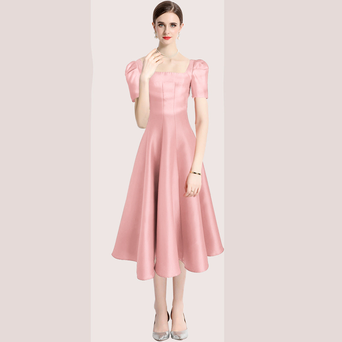Temperament Pure Color Tight Waist Slim Large Hem Square Collar Dress Dress