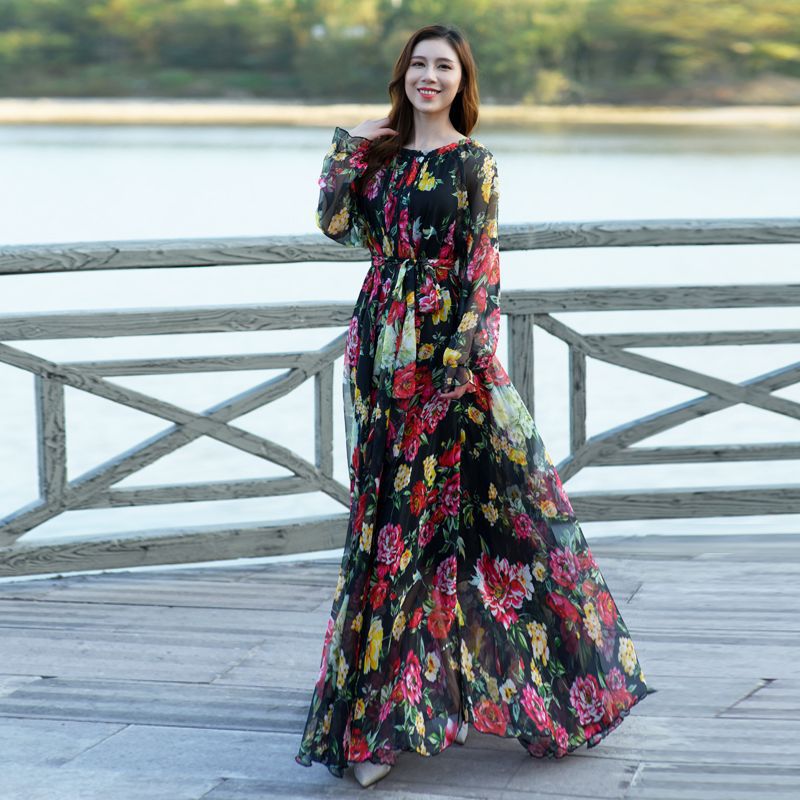 Chiffon Long Sleeve Loose Show Thin Black Long Dress