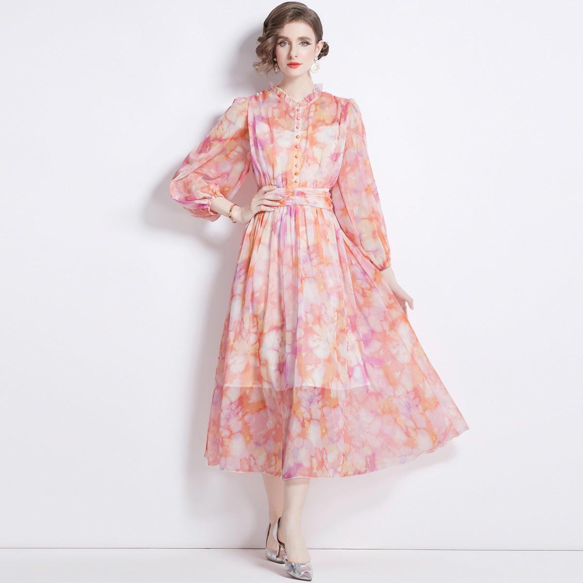 A- Line Printed Chiffon Dress Elegant