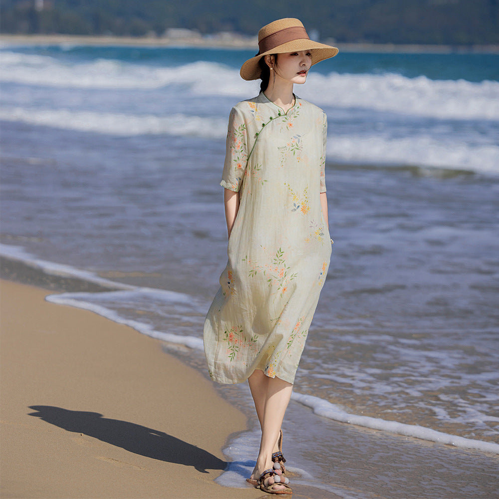 Travel Art Ramie Printed Improved Cheongsam Classical Stand-up Collar Medium-sleeve Dress