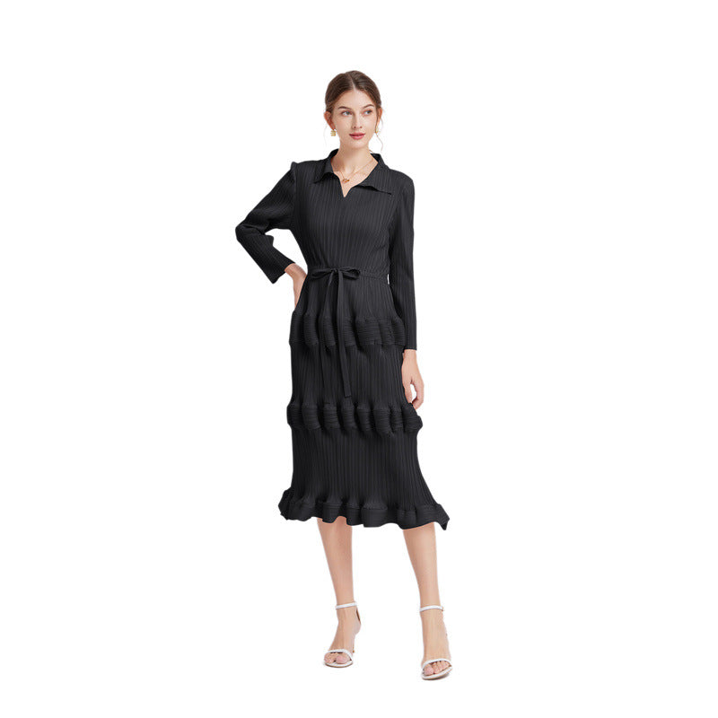 Modisches Kleid mit plissiertem Midi-Taille und schmaler Passform, Laternenkleid