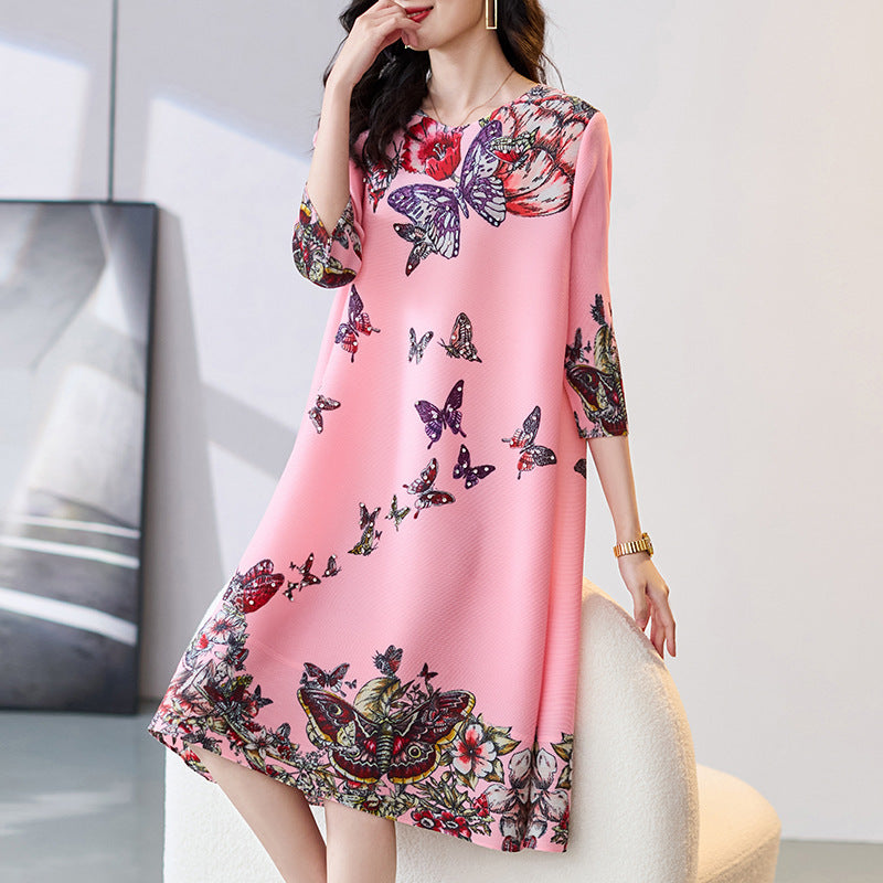 Butterfly Print Rhinestone Loose Temperament Slimming A- Line Skirt