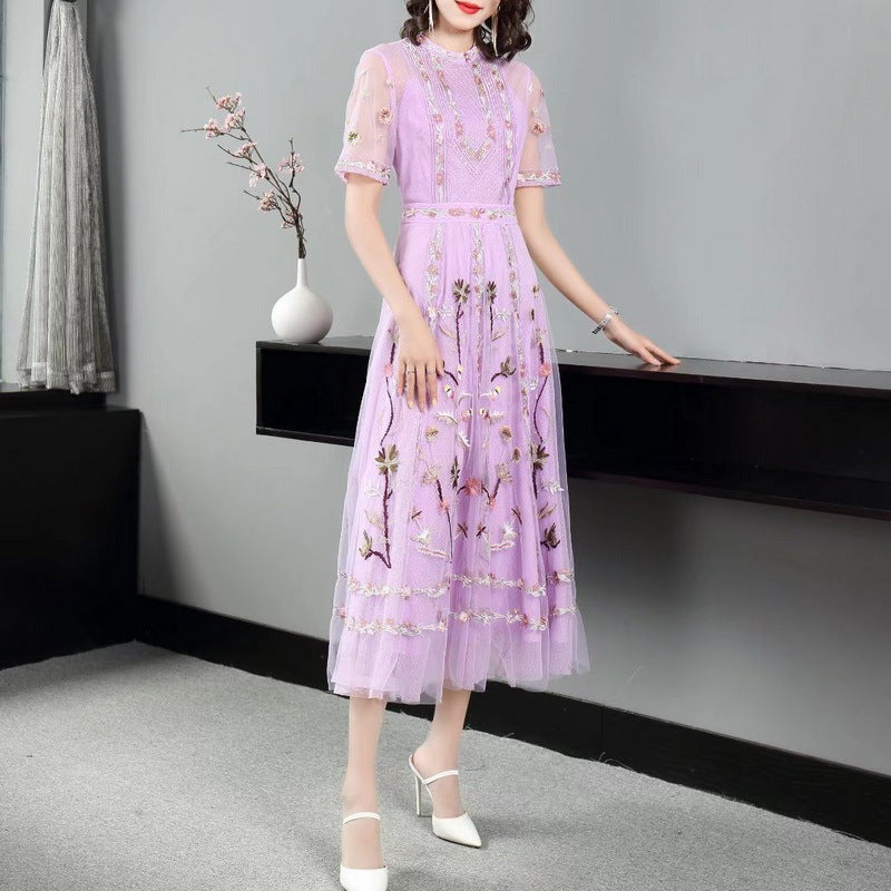 Double-layer Mesh Large Swing Dress Heavy Embroidery Stand Collar