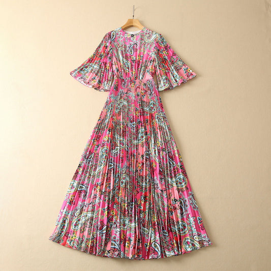 Cashew Floral Oversized Bell Sleeve Pleated Dress