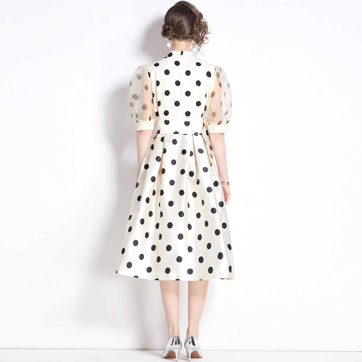 Französisches tailliertes Polka Dots-Kleid 1-Sinn Langer Rock