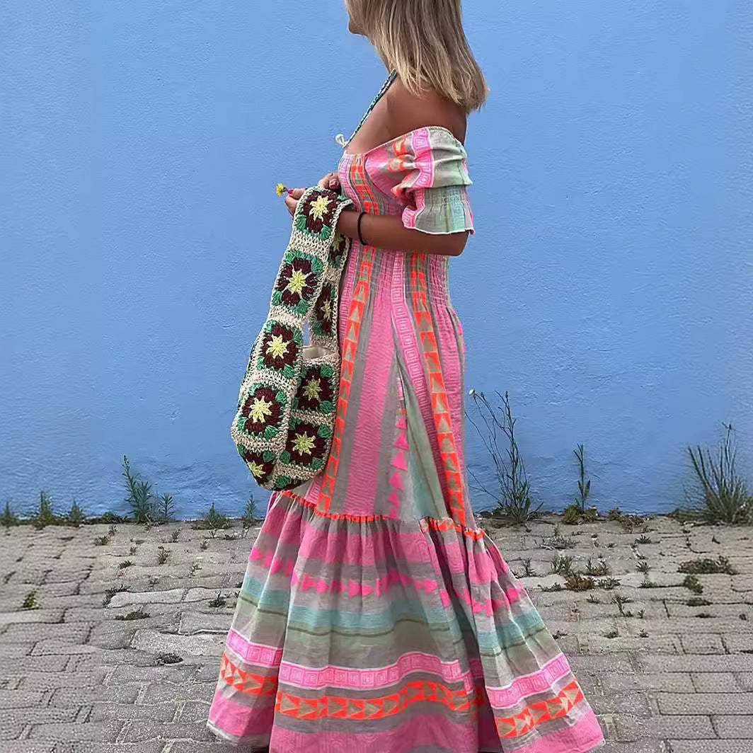 Vestido de cuello cuadrado con bloques de color y patrón geométrico a la moda para mujer