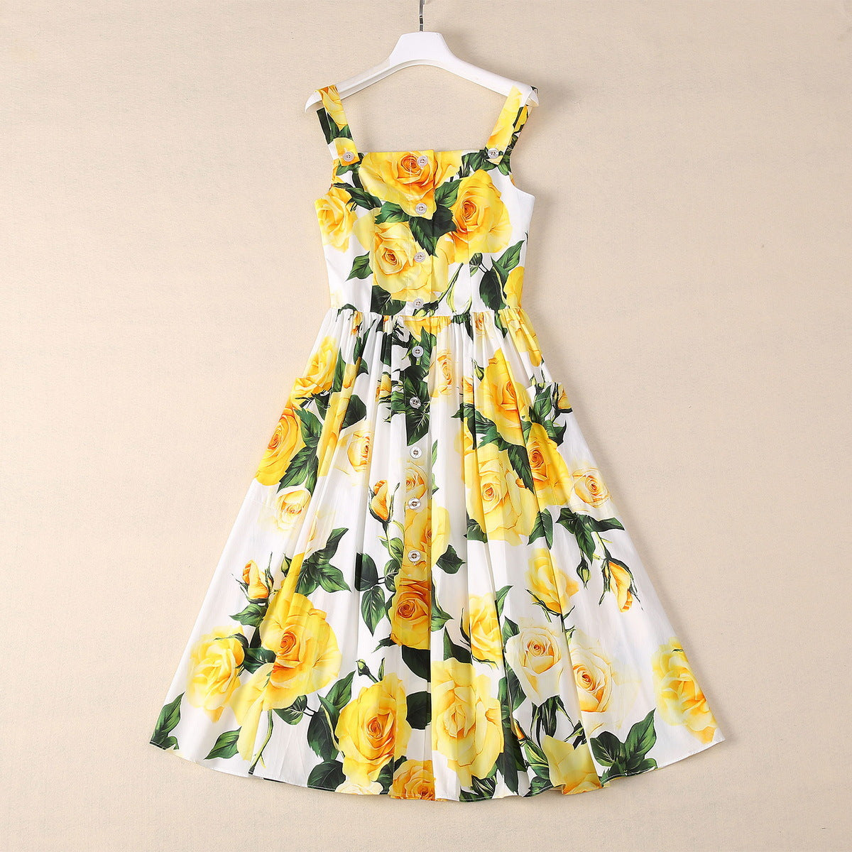 Fritillary Button Large Pocket Yellow Roses Sling Dress