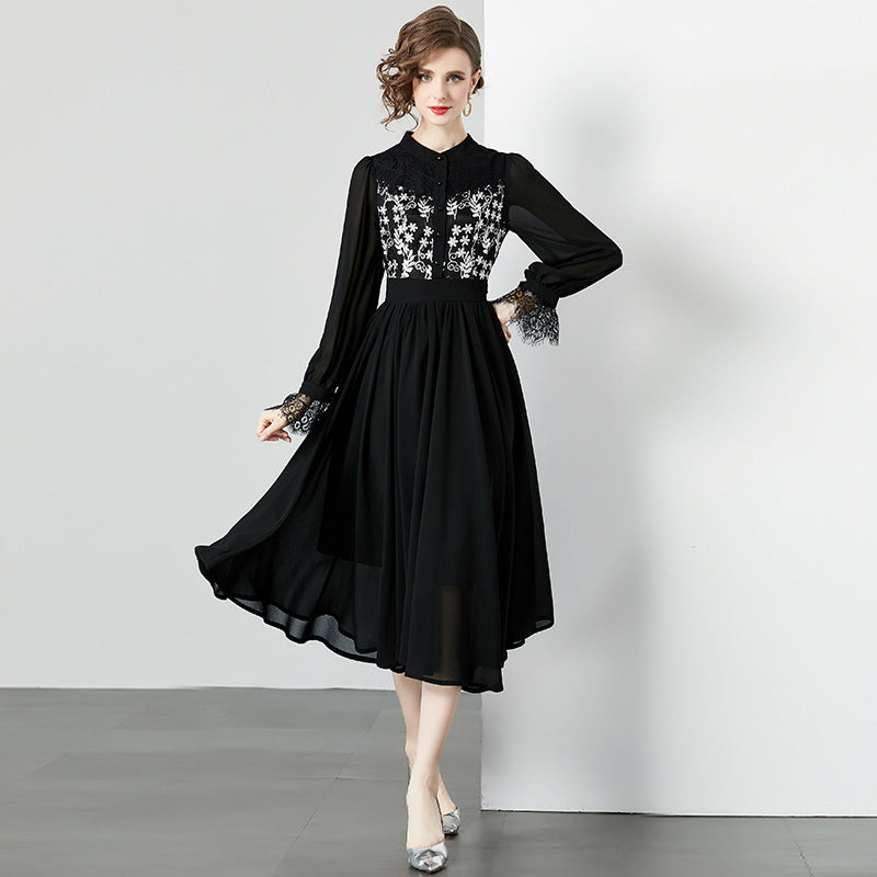 Autumn And Winter French Black Lace Dress