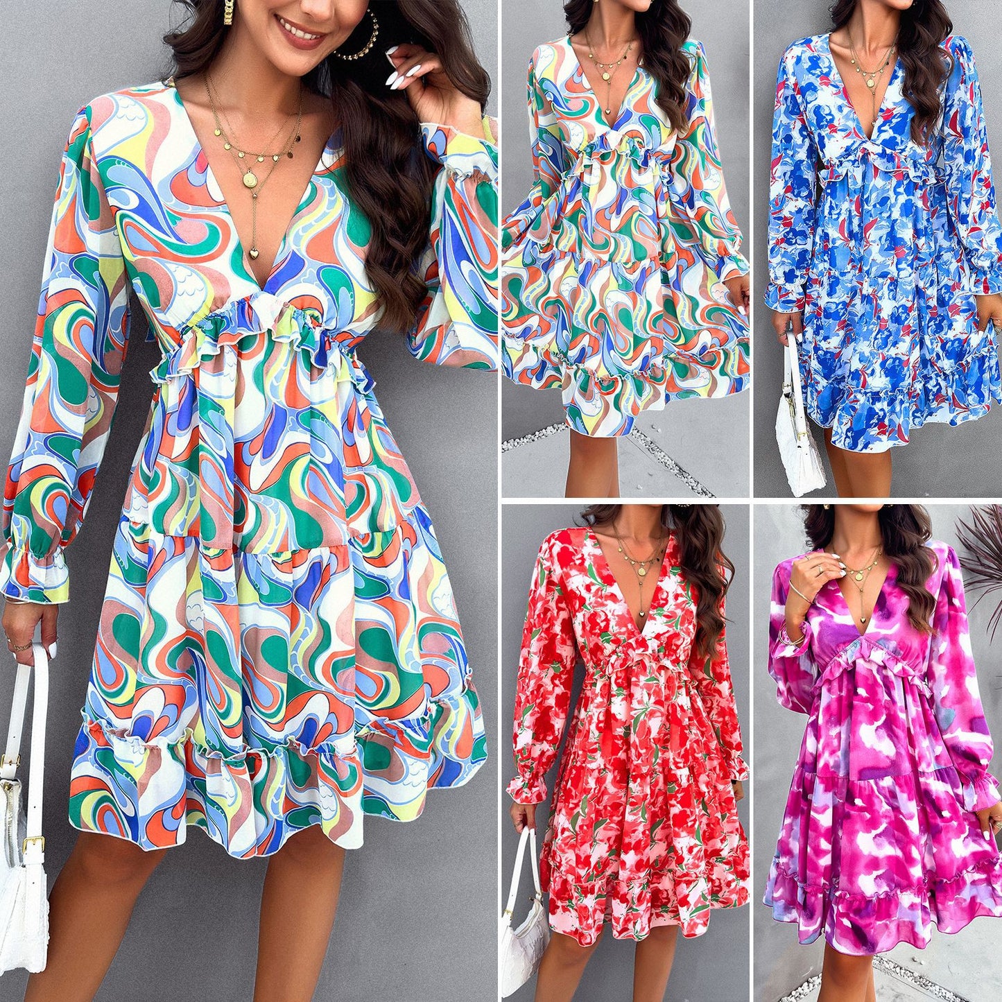 Women's Clothing Temperament Printed V-neck Long-sleeve Dress